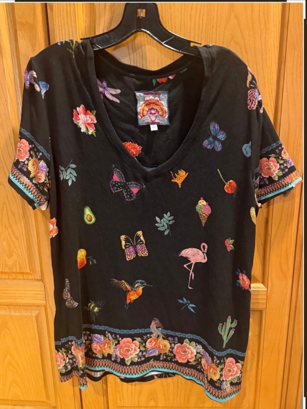 Johnny Was Zooey Tee Multicolor V-Neck Whimsical Print Size Large